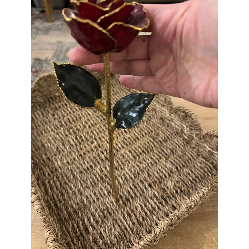 24k Gold Dipped Real Rose Red Lacquer Preserved Long Stem Gold Trim Ornament